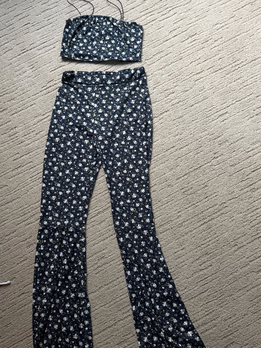 PrettyLittleThing Navy Floral Crop Top & Flare Pants Set